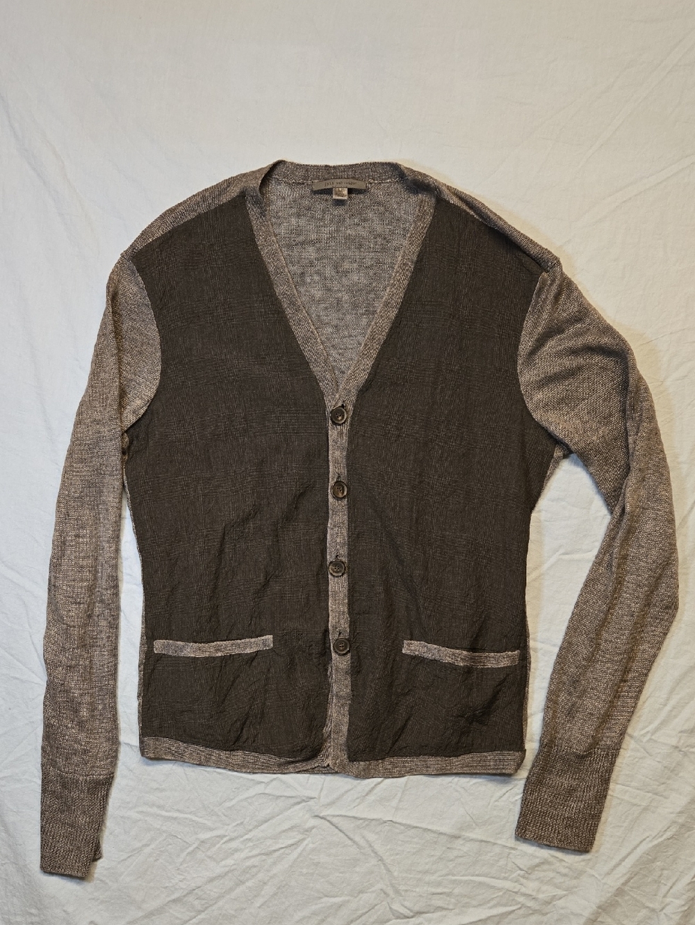 John Varvatos Two Tone Gray Button Down Linen & Wool Knit Cardigan Sweater
